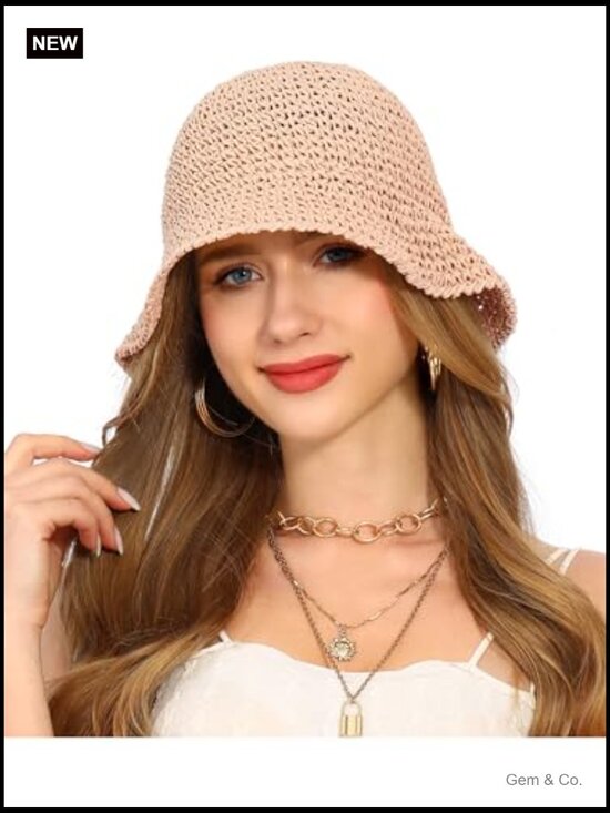 Handmade Straw Bucket Hat UV Protection Wide Brim Packable Travel Summer Sun Hat